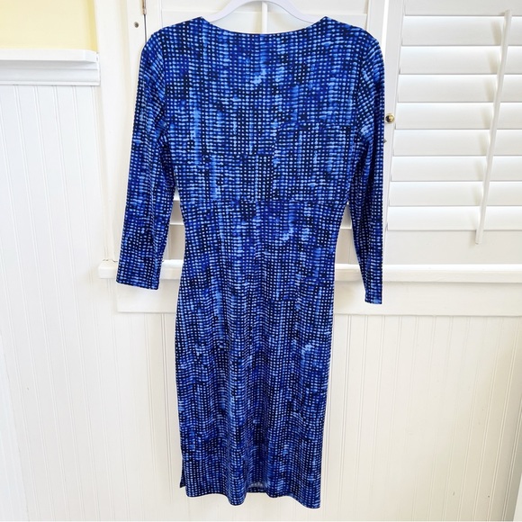 Lauren Ralph Lauren Multi Blue Ruched Waist 3/4 Sleeve Sheath Dress Size 6 - Picture 2 of 6